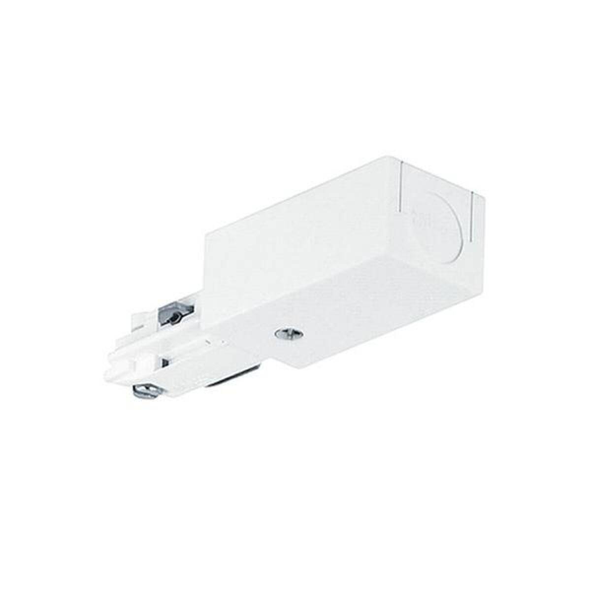 Weißer elektrischer Streckenbeleuchtungs-Steckeradapter auf weißem Hintergrund.
