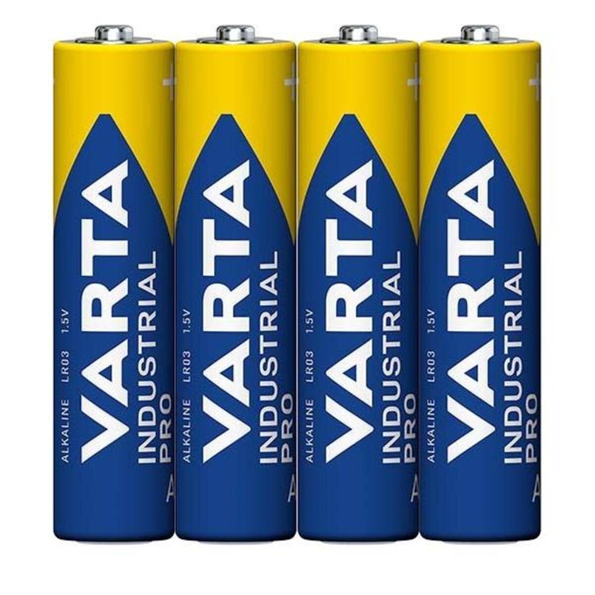 Vier VARTA Industrial Pro LR03 AA Alkaline-Batterien stehen aufrecht in einer Reihe.
