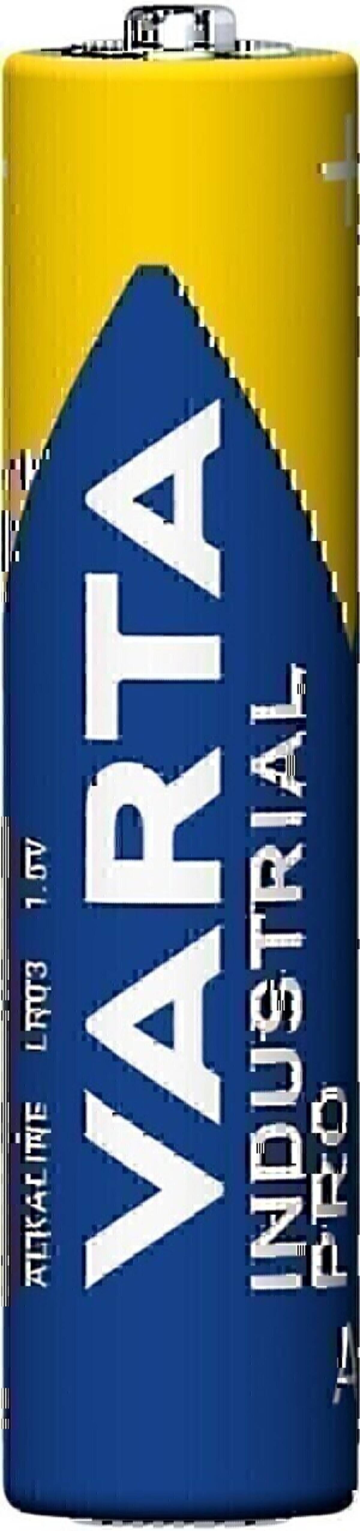 Eine gelb-und-blaue VARTA Industrial aufladbare Batterie, aufrecht stehend mit sichtbarem VARTA-Logo und Text.