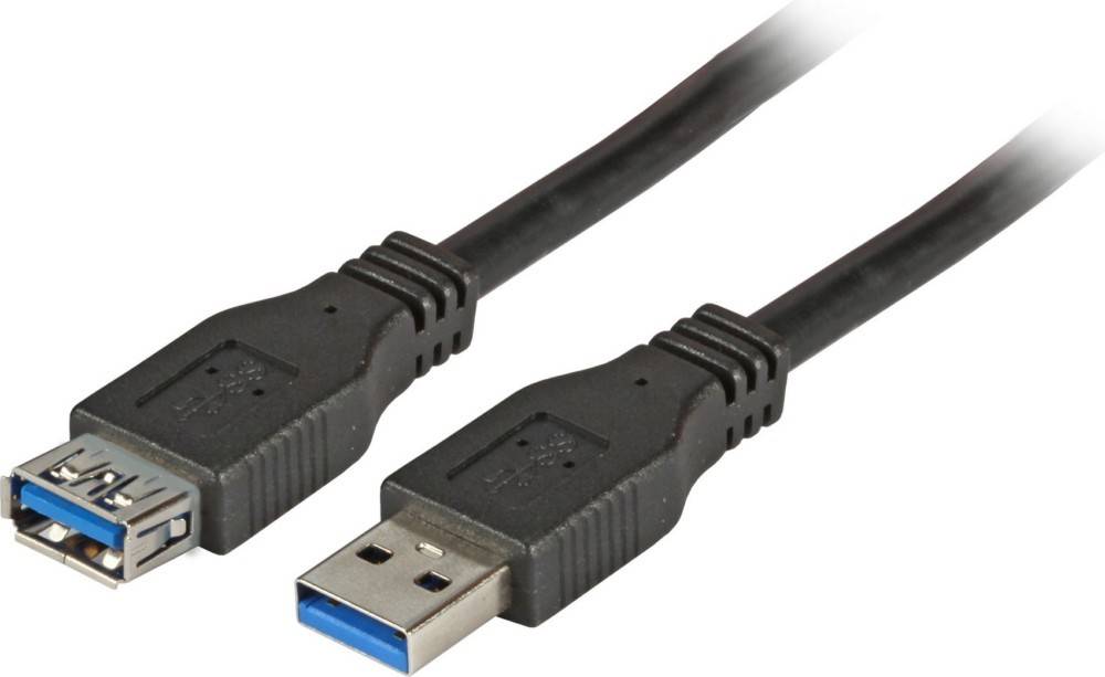 USB-Verlängerungskabel mit blauen USB 3.0 Typ-A Stecker und Buchse auf einem schwarzen Kabel
