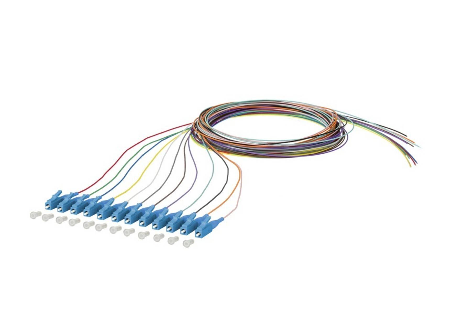 Lichtwellenleiterkabelanordnung mit mehreren farbigen Leitern, die von einem aufgewickelten Kabel zu einer Reihe von blauen Steckern abzweigen.