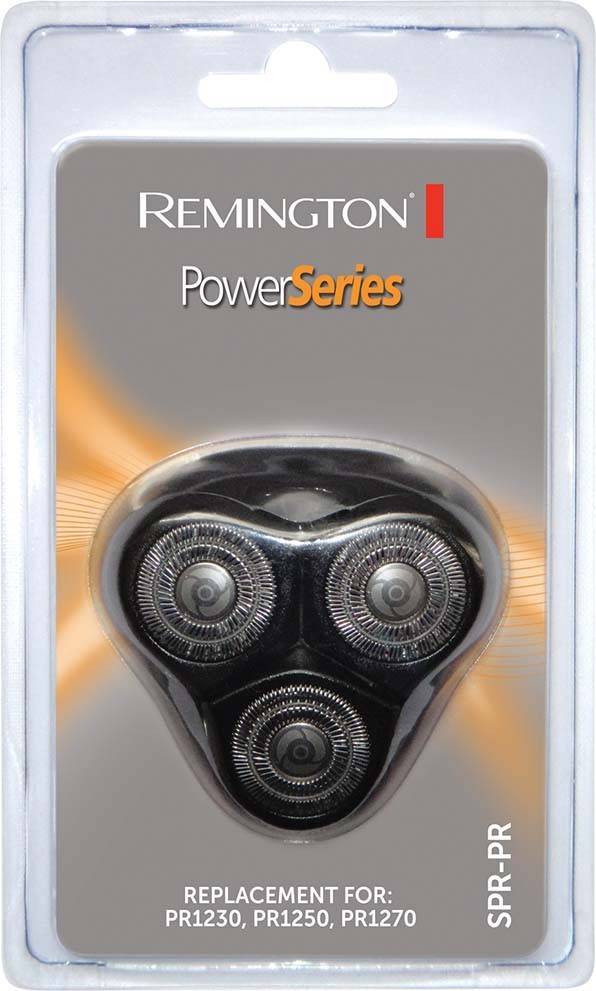 Elektrischer Rasierer 'Remington Power Series' in Verpackung, mit Hervorhebung der dreifachen Rotationsschermesser, die für effizientes Rasieren entwickelt wurden.