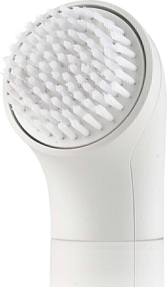 Nahaufnahme einer weißen elektrischen Gesichtsbürste mit weichen Borsten, die die Textur des Bürstenkopfes und das sanfte Design für die Hautpflege hervorhebt.