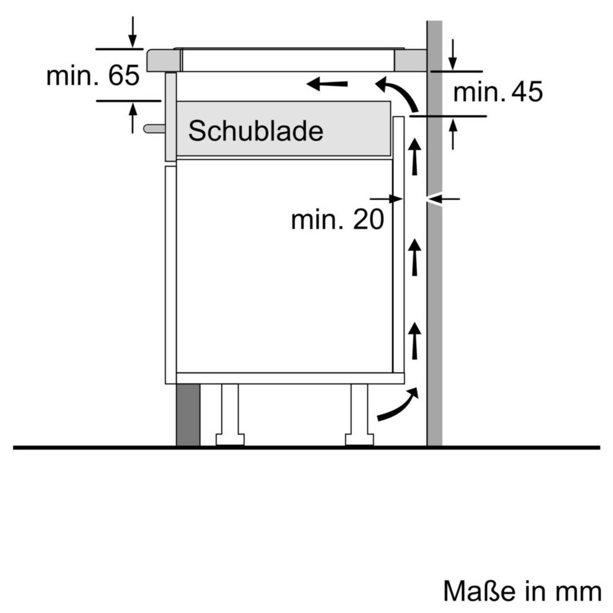 Diagramm einer Schublade mit Maßangaben in Millimetern: 'Schublade' zeigt einen Mindestabstand von 65 mm oben, 45 mm an der Seite und 20 mm unten.
