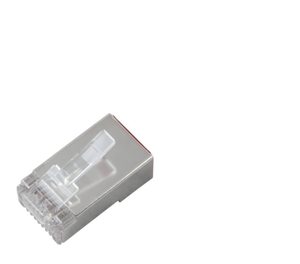 Ein transparenter RJ45-Ethernet-Stecker, isoliert dargestellt, zum Anschluss von Geräten an ein Netzwerk über ein Ethernet-Kabel.