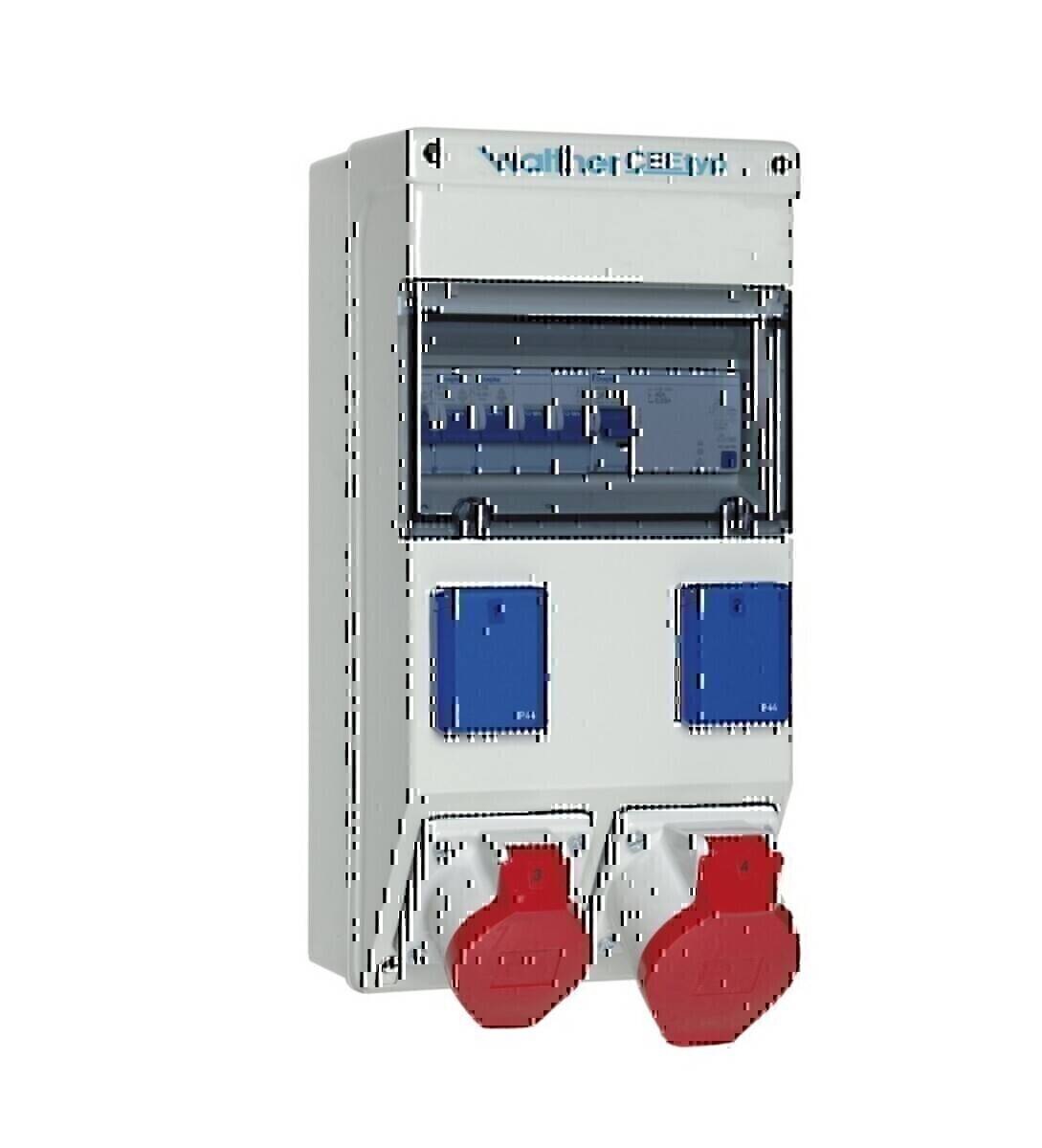 Elektrische Stromverteilungsbox mit zwei roten industriellen Steckern, zwei blauen Steckdosen und einem geschlossenen Deckel, verwendet zur Verbindung von Geräten.