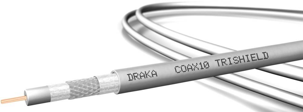 Nahaufnahme eines Koaxialkabels mit sichtbaren querschnittlichen Schichten. Der Text 