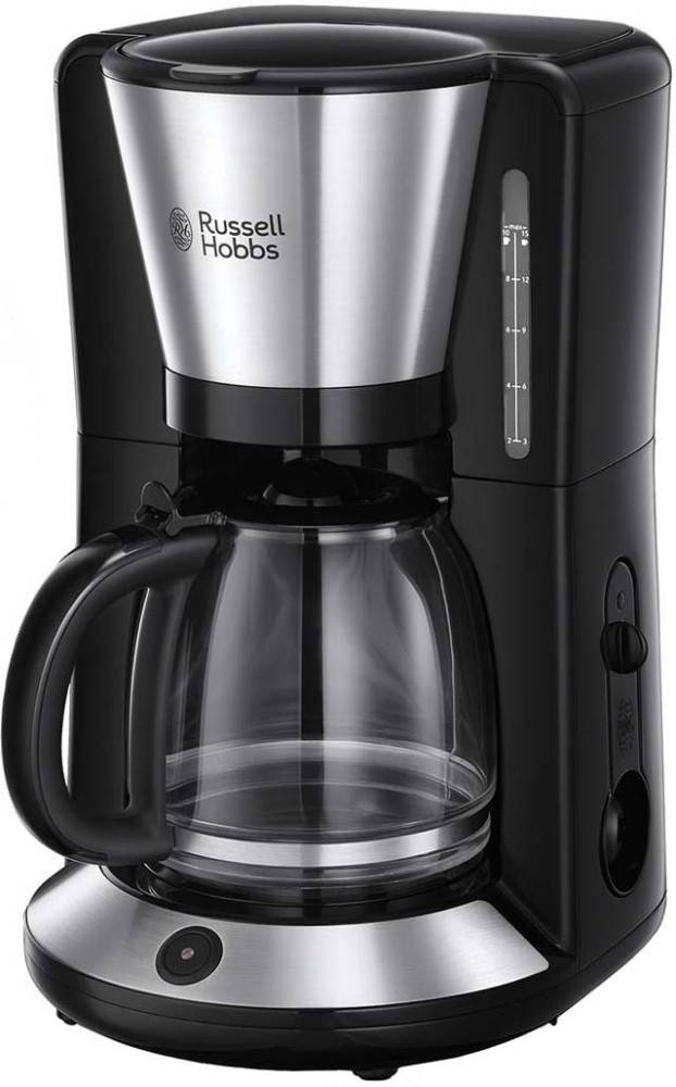 Schwarz-silberner Kaffeevollautomat mit einer durchsichtigen Kanne. Die Marke 'Russell Hobbs' ist sichtbar. Die Maschine verfügt über einen Wasserstandsanzeiger.