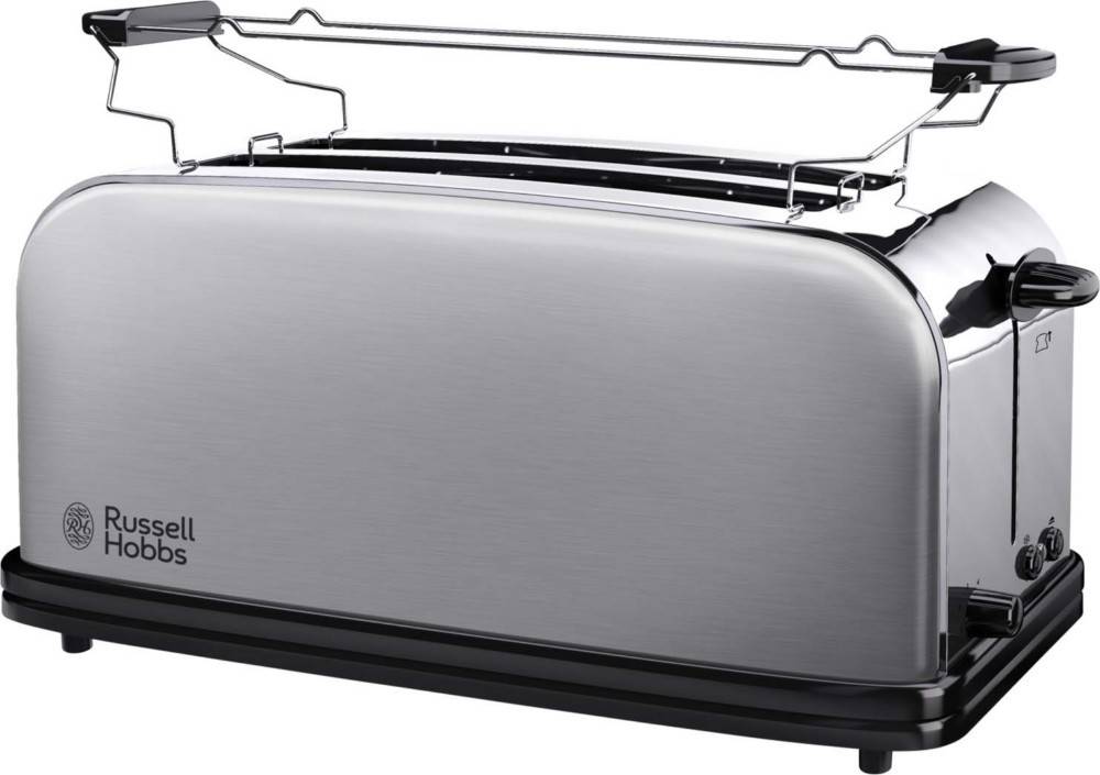 Ein Toaster aus Edelstahl mit Drahtrosten oben zum Aufwärmen. Er stammt von Russell Hobbs und verfügt über ein schlankes, modernes Design.