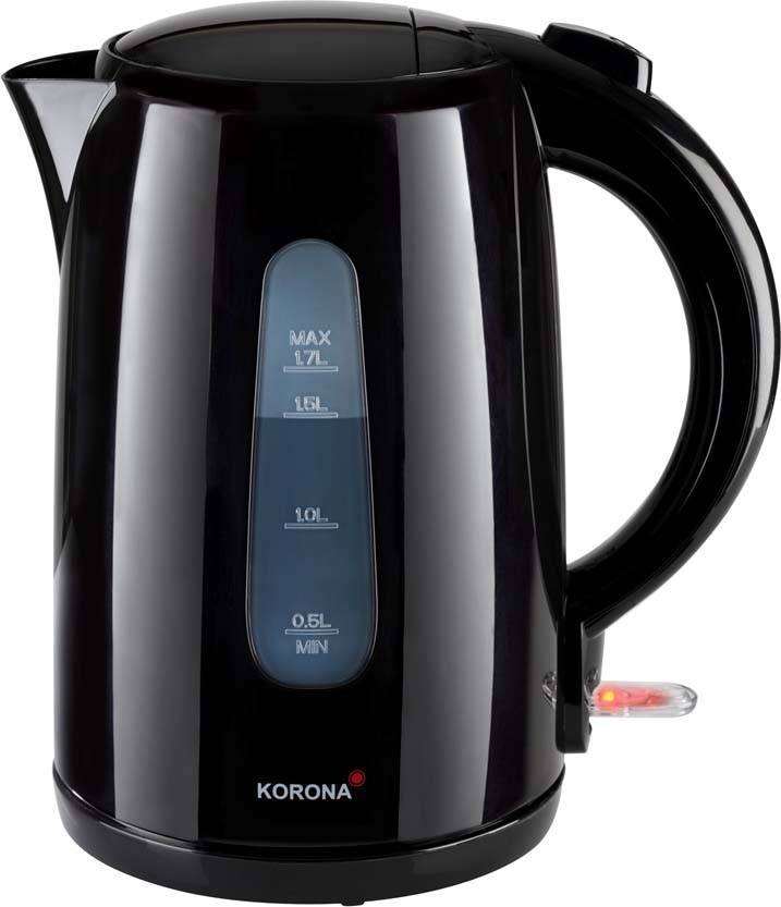 Ein schwarzer elektrischer Wasserkocher mit glänzender Oberfläche, versehen mit Wasserstandsanzeigen von 0,5L bis 1,7L. Die Marke 'Korona' ist sichtbar.
