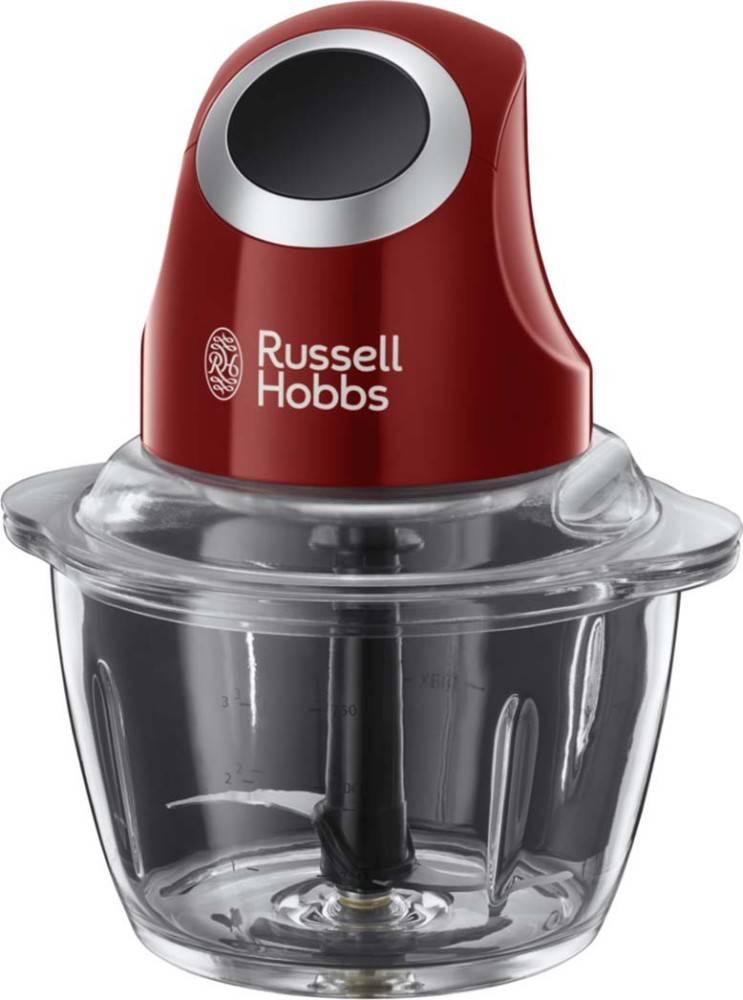 Roter und schwarzer Russell Hobbs Küchenmaschine mit durchsichtiger Schüssel, mit Messmarkierungen, verwendet zum Schneiden und Mischen von Zutaten.