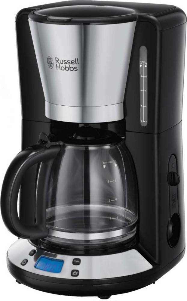 Kaffeemaschine der Marke 'Russell Hobbs', schwarz und silber, mit einer Glaskanne, an deren Seite Füllstandsmarkierungen von 2 bis 10 Tassen angebracht sind.