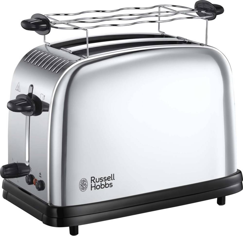 Ein silberner Toaster mit zwei Schlitzen, schwarzen Akzenten und dem 'Russell Hobbs' Logo an der Seite. Er verfügt über einen Stahlbroterwärmer-Aufsatz auf der Oberseite.