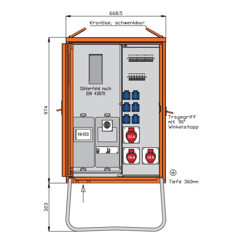 Schaltschrank-Layout-Diagramm mit beschrifteten Komponenten, einschließlich Schaltern, Steckdosen und Maßangaben: Tiefe 360 mm, Höhe 974 mm, Breite 668,5 mm.