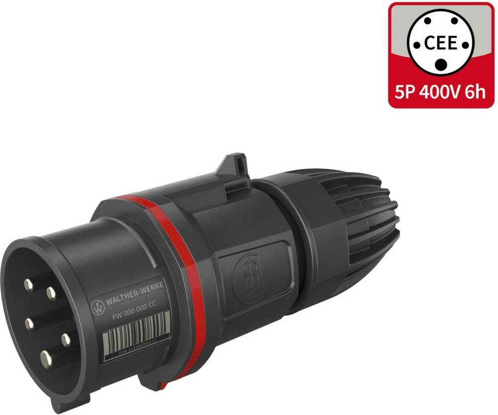 Ein fünfpoliger, 400V Industriestecker mit rotem Streifen, gekennzeichnet mit 'Walther Werke'.