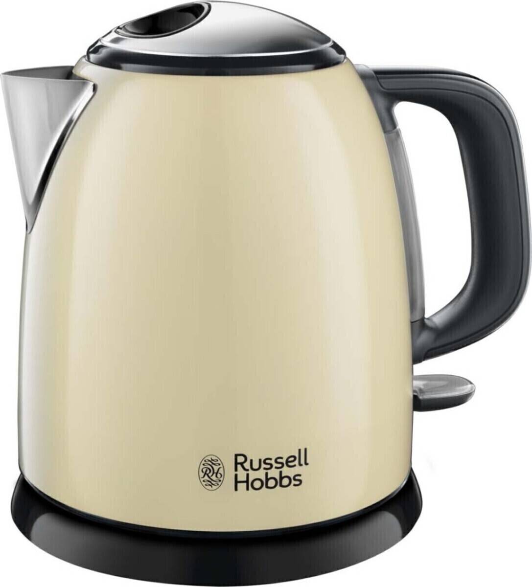 Elektrischer Wasserkocher, cremeweiß mit schwarzem Griff und silberner Ausguss, Marke 'Russell Hobbs'.