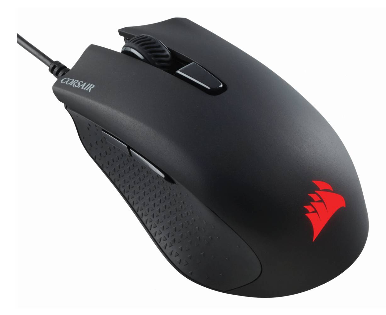 Schwarze kabelgebundene Gaming-Maus Corsair mit strukturiertem Daumengriff und rotem Logo