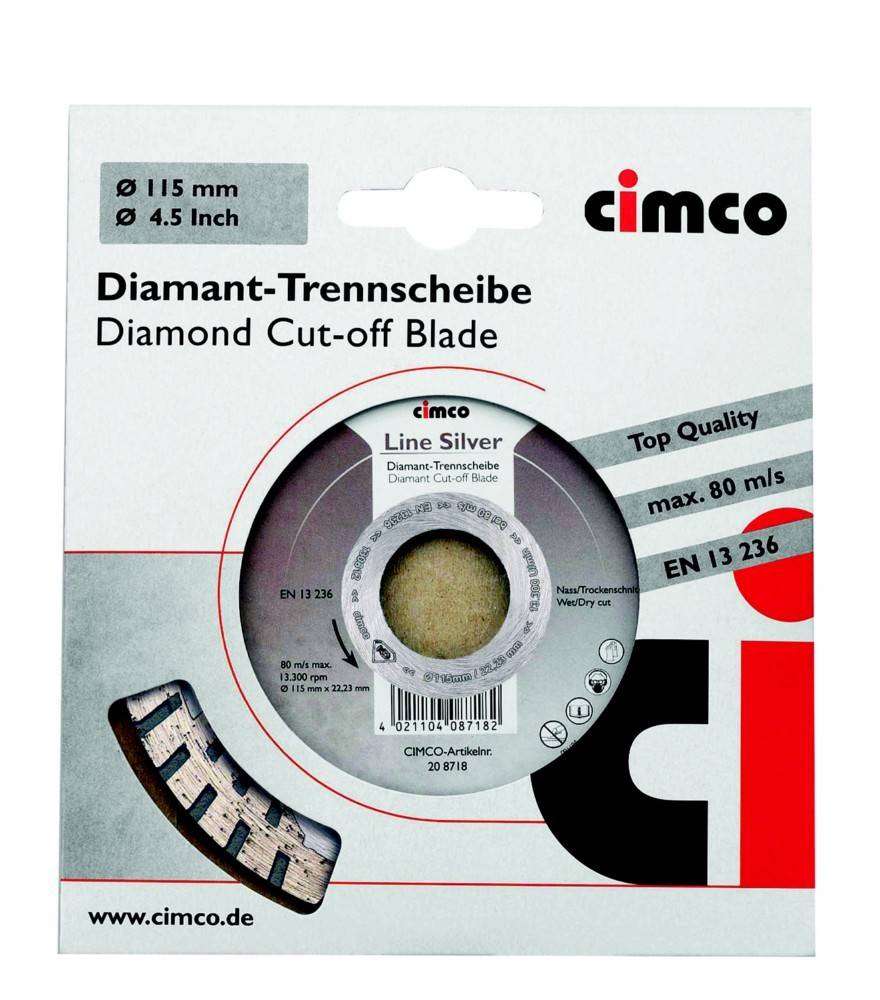 Paket einer Cimco-Diamanttrennscheibe mit der Bezeichnung „Diamant-Trennscheibe
