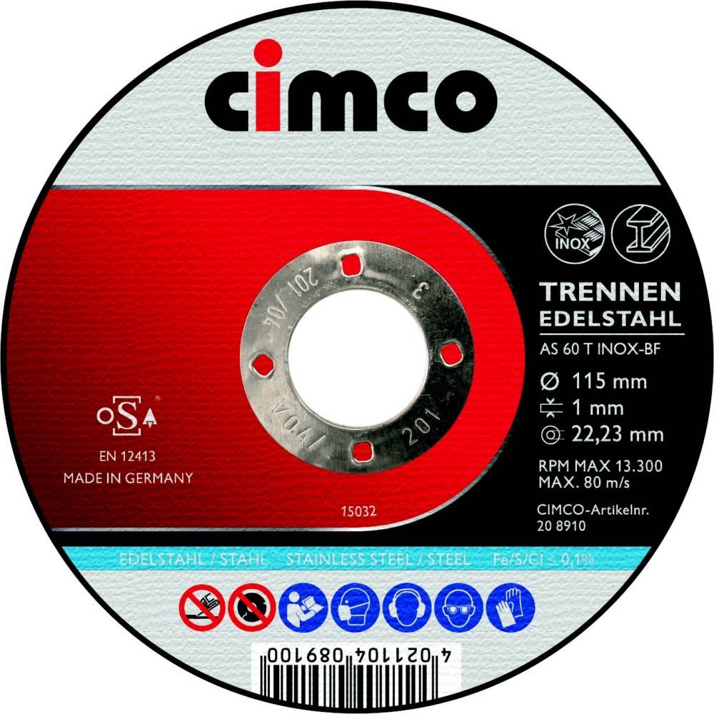 Trennscheibe für Edelstahl, gekennzeichnet mit 'CIMCO'. Durchmesser 115 mm, Stärke 1 mm. Maximale Drehzahl 13.300. Hergestellt in Deutschland.