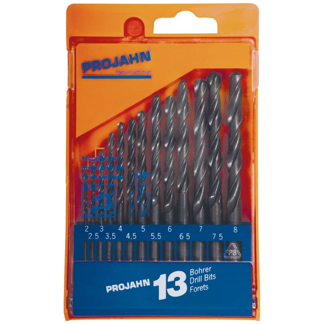 Packung mit 13 Bohrern von Projahn in verschiedenen Größen, dargestellt in orangefarbener Kunststoff-Blisterpackung.