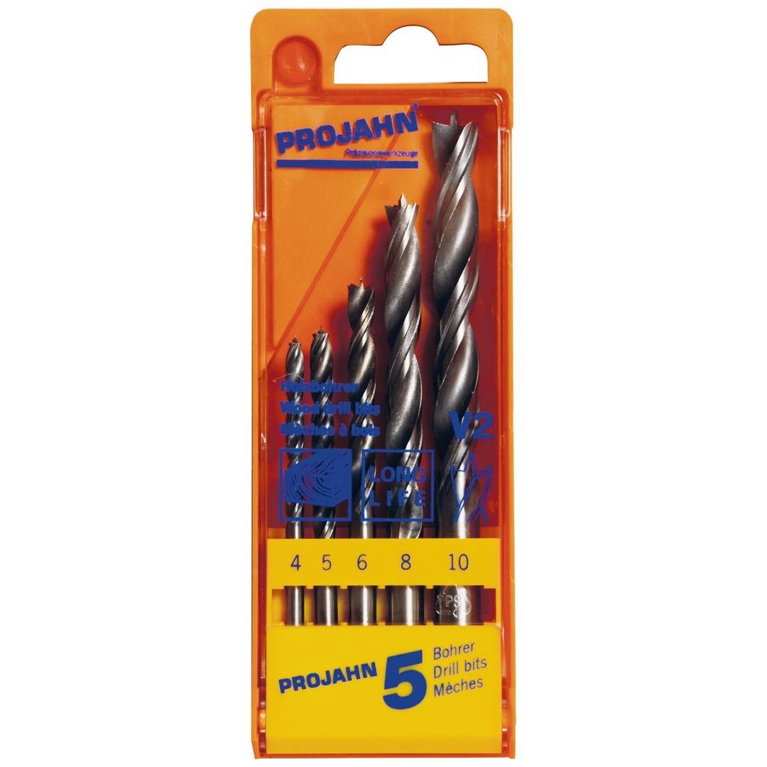 Orange-farbige Blisterverpackung des PROJAHN 5-teiligen Bohrersatzes mit fünf Metallbohrern in den Größen 4, 5, 6, 8 und 10 mm.