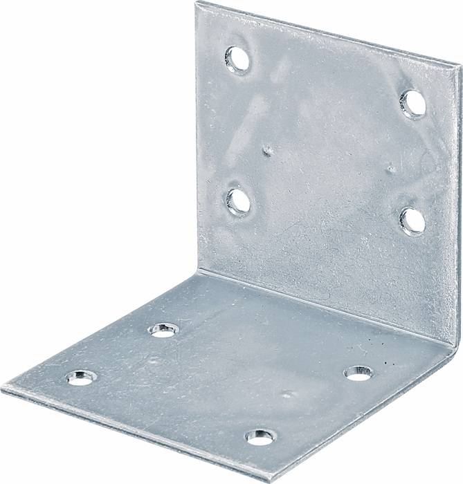 Eine Metall-L-Winkel mit vorgebohrten Löchern für Schrauben, die dazu verwendet wird, Holz- oder Metallkomponenten in einem 90-Grad-Winkel zu stützen oder zu verstärken.