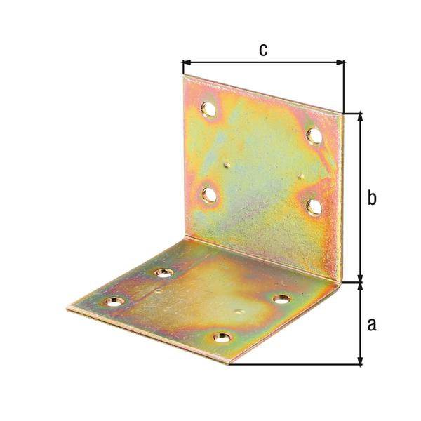 Eine Metall-L-Halterung mit acht Löchern, bei der die Abmessungen mit den Buchstaben 'a', 'b' und 'c' für Montagezwecke gekennzeichnet sind.