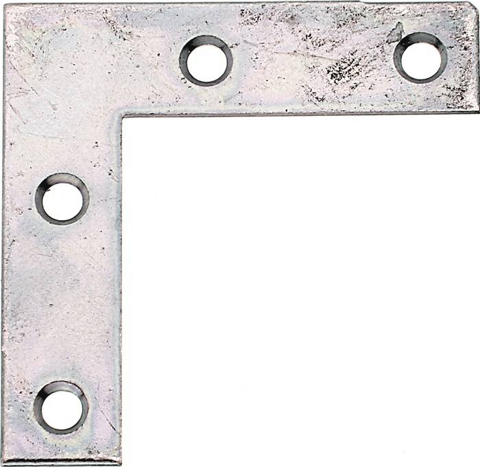 Eine Winkelhalterung aus Metall mit drei Löchern auf jeder Seite, die für die Unterstützung beim Bauen oder bei der Möbelmontage verwendet wird.