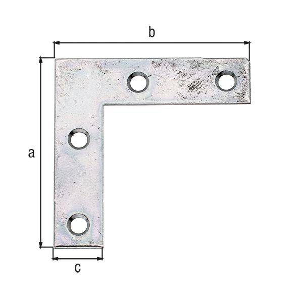 Metallischer L-Winkel mit vier Befestigungslöchern. Abmessungen mit 'a' für Höhe, 'b' für horizontale Länge und 'c' für Lochabstand gekennzeichnet.