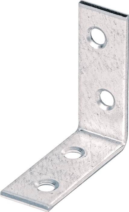 Eine Metall-L-Klammer mit drei kreisrunden Löchern wird gezeigt. Sie wird für strukturelle Unterstützung oder zum Verbinden von Materialien in einem rechten Winkel verwendet.