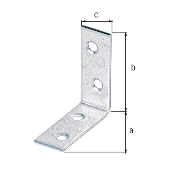 Ein L-förmiger Metallhalter mit sechs Löchern, drei auf jeder Seite. Die Dimensionen 'a', 'b' und 'c' sind entlang der vertikalen, horizontalen und Tiefenrichtung beschriftet.