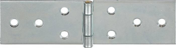 Ein Metallscharnier mit vier Schraublöchern, das für Türen oder Schränke verwendet wird, ist vor einem einfarbigen Hintergrund zu sehen.
