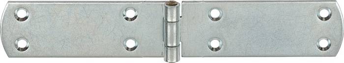 Ein Metallscharnier mit einem zentralen Drehpunkt, verwendet zum Befestigen von Türen oder Deckeln, mit einer leicht verrosteten Schraube an der Drehachse.