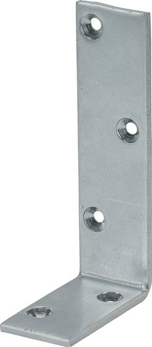 Ein Metallstück mit zwei kreisrunden Ausschnitten. Das Stück ist rechteckig und flach, wahrscheinlich Teil einer Scharnier- oder Befestigungshalterung.