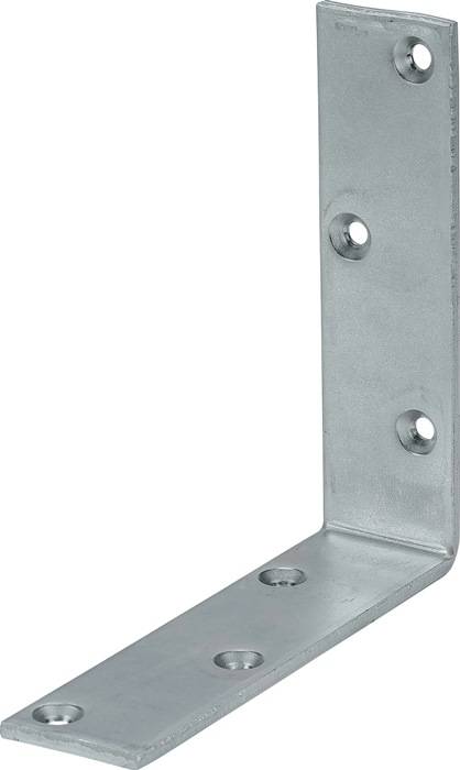 Eine Metallwinkelhalterung in L-Form mit drei Schraublöchern, die zum Abstützen oder Befestigen von Strukturen im rechten Winkel verwendet wird.