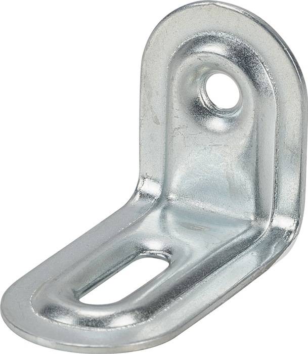 Ein Metallhalter mit einer rechtwinkligen Biegung und einem Montageloch, der zur strukturellen Unterstützung oder zum Verbinden von Oberflächen verwendet wird.