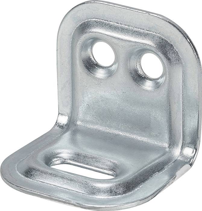 Eine metallische L-förmige Halterung mit zwei kreisrunden Löchern und einem rechteckigen Schlitz. Verwendet zum Befestigen oder Sichern von Objekten.