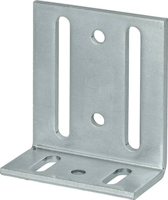 Ein Metallwinkel mit vier Löchern: zwei längliche Schlitze auf jeder Seite für verstellbare Befestigung, häufig in der Bau- oder Möbelmontage verwendet.
