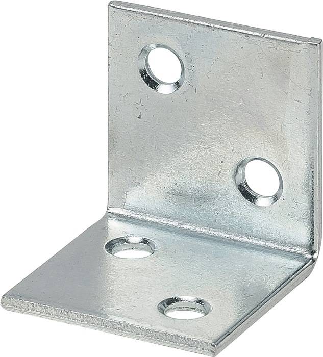 Eine metallene L-förmige Halterung mit vier Löchern, die zum Verbinden oder Verstärken von Oberflächen in einem 90-Grad-Winkel verwendet wird.
