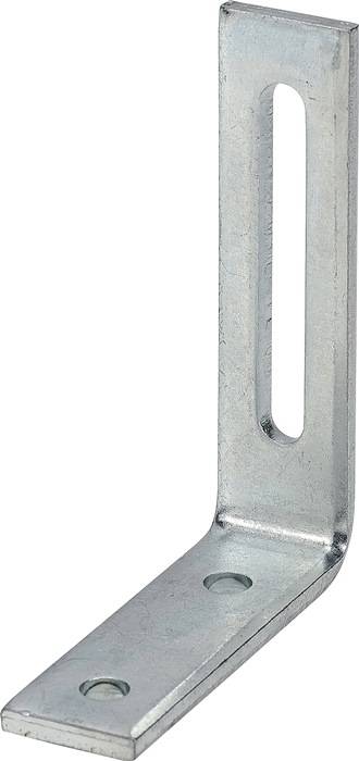 Eine Nahaufnahme eines metallenen L-Winkels mit einem länglichen Loch, der zur strukturellen Unterstützung oder zum Verbinden von Oberflächen im rechten Winkel verwendet wird.