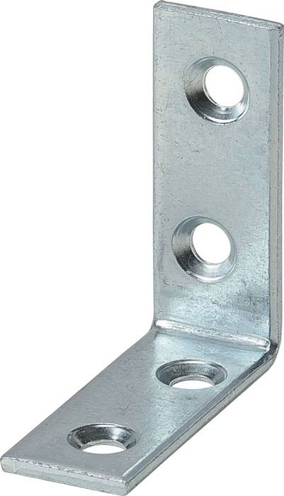Ein Nahaufnahmebild von einer Metalleckverbindung mit drei Löchern, die zum Verbinden von zwei Oberflächen in einem rechten Winkel verwendet wird.