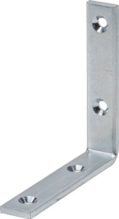 Nahaufnahme eines metallischen L-Winkels mit zwei Bohrlöchern, der Hardware zur Verbindung von Teilen im rechten Winkel veranschaulicht.