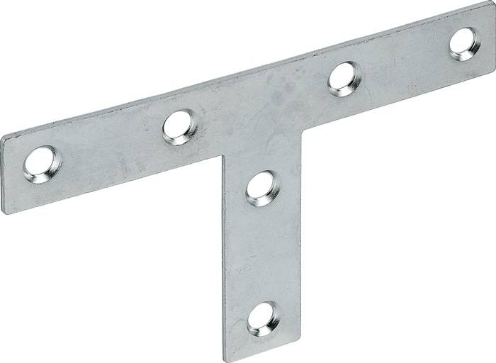 Eine Stahl-T-Halterung mit fünf gleichmäßig verteilten Löchern, die zum Verbinden von Holzstrukturen in Möbeln oder im Bauwesen verwendet wird.