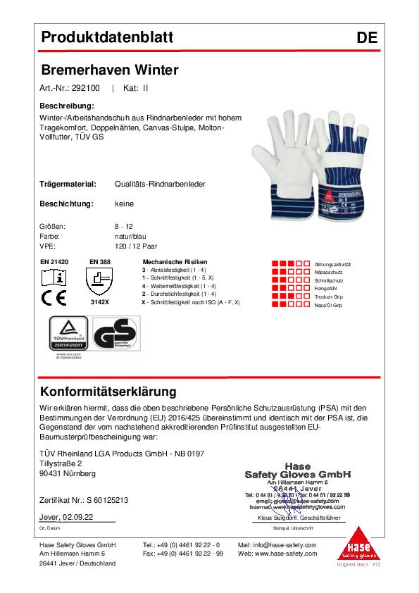 Handschuhe Bremerhaven Winter Gr.10 natur/blau EN 388 PSA II HASE