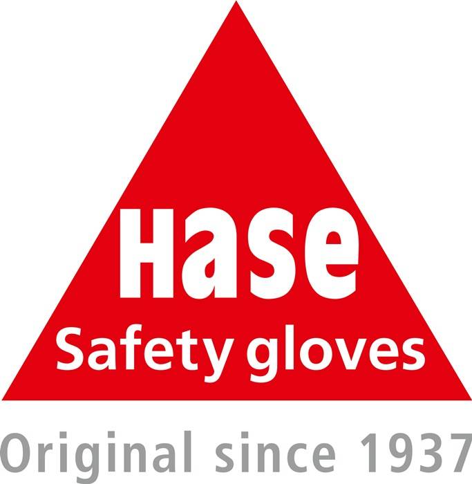 Rotes Dreieck mit Text 'Hase Safety Handschuhe'. Grauer Text darunter liest sich 'Original seit 1937'.