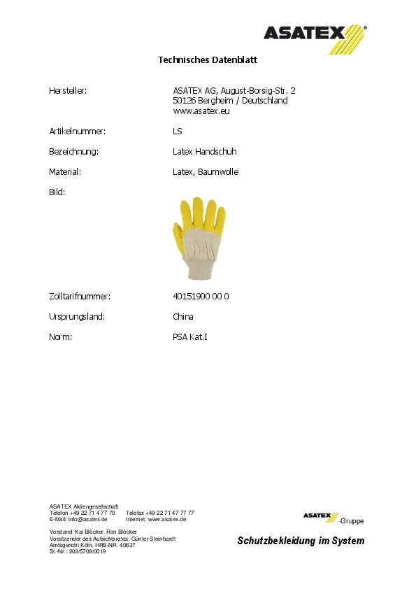 Handschuhe Gr.10 gelb I PSA I Baumwolle m.Latex ASATEX