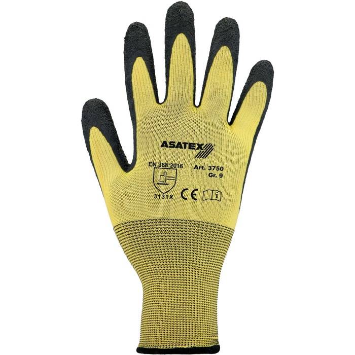 Handschuhe Gr.9 gelb/schwarz EN 388 PSA II Nyl.m.Naturlatex ASATEX
