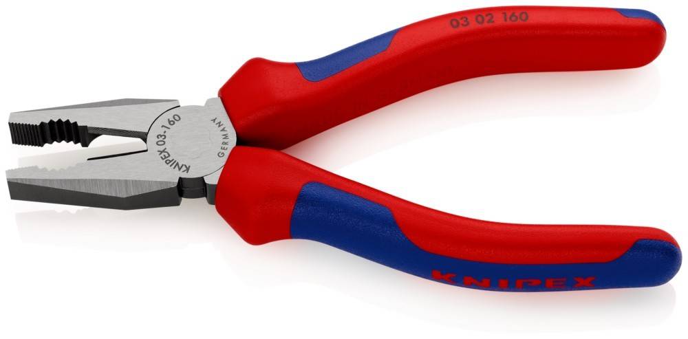 Ein Paar Zangen mit roten und blauen Griffen und einem Metallschneideinsatz, mit der Aufschrift 'KNIPEX'. Verwendet zum Durchtrennen von Drähten oder kleinen Objekten.