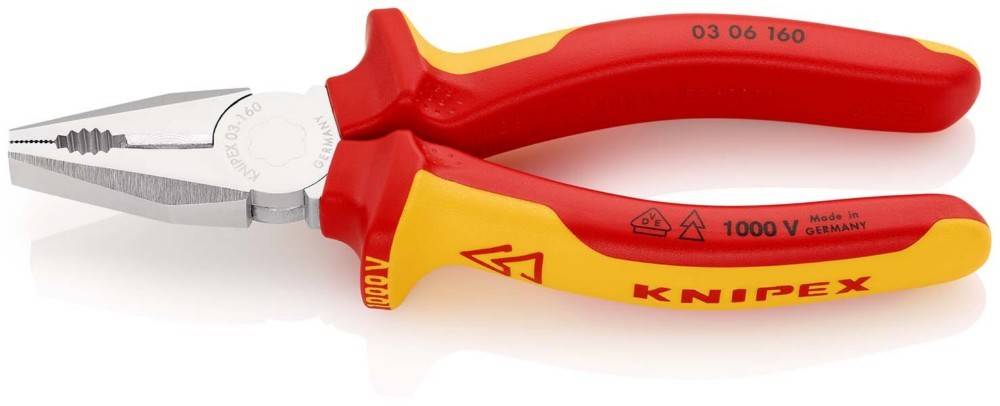 Rot und gelb isolierte Knipex-Zangen mit langen spitzen Backen, beschriftet mit 1000 V und Deutschland, auf weißem Hintergrund abgebildet.