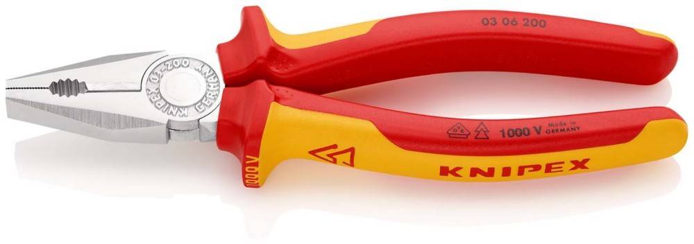 Rot-gelbe Knipex-isolierte Zange mit langen spitzen Backen, gezeigt auf weißem Hintergrund.